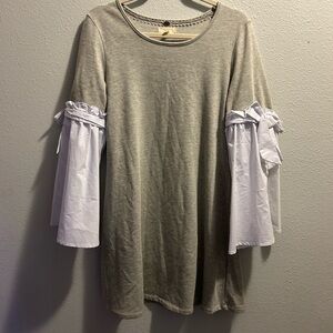 Cupid Blush grey shirt dress, long white puffy sleeves